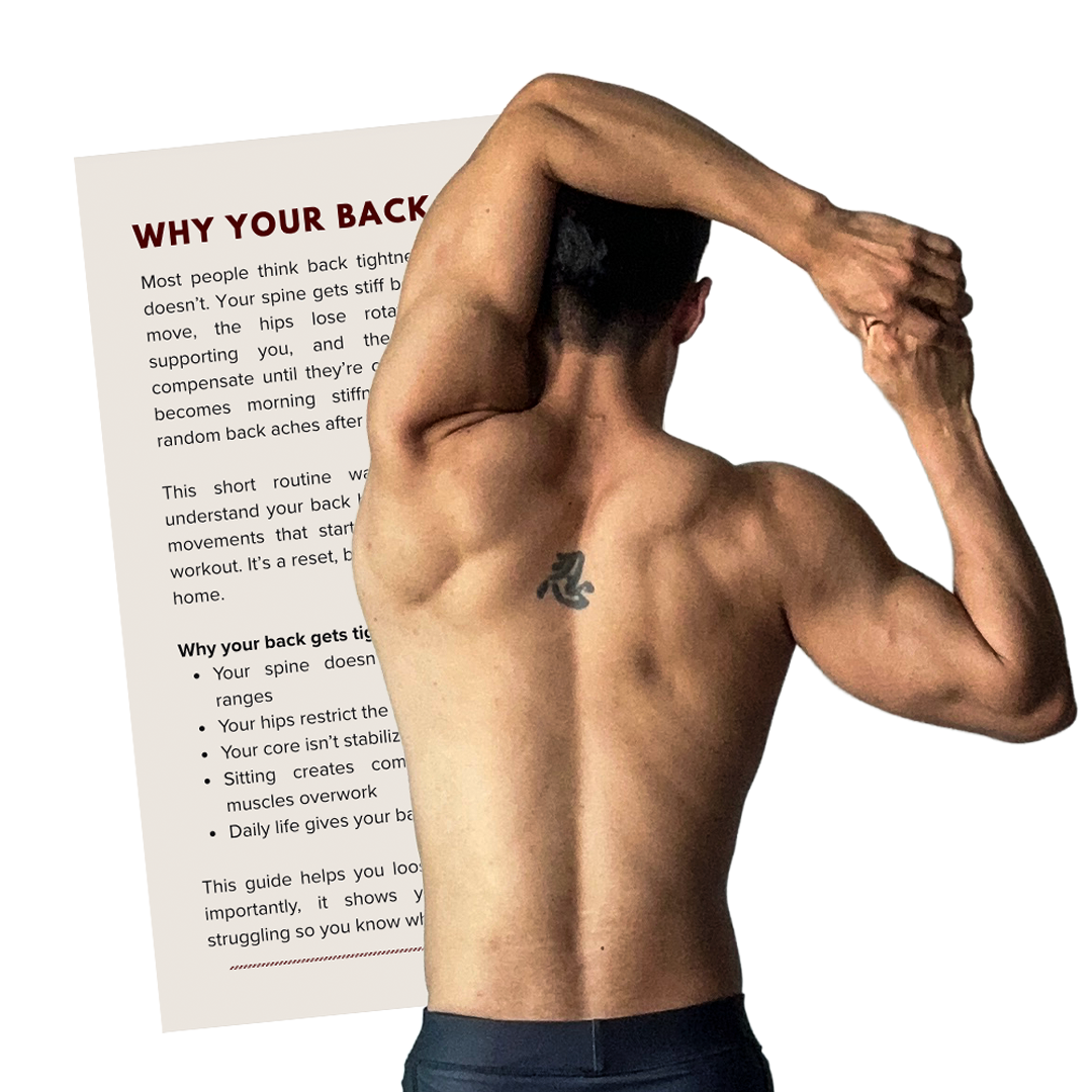 Me demonstrating a back stretch beside the back pain guide
